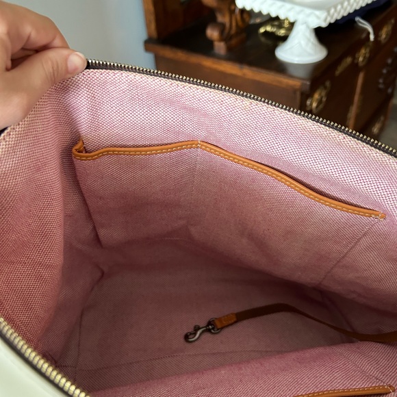 EUC Dooney & Bourke Smooth Leather Tobi Tote - Beige & Tan w/ Fuchsia Interior - Picture 11 of 16